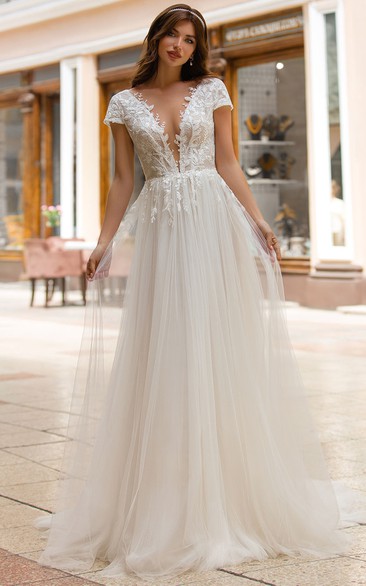 Elegant A Line Plunging Neck Sweep Train Tulle Wedding Dress with Appliques