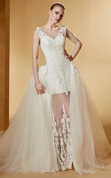 Unique Cap Sleeve Lace Bridal Gown With Illusive Design And Side Ruffles