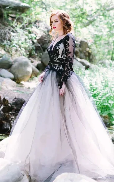 Long Sleeve A-Line V-neck Lace Tulle Floor-length Wedding Dress with Keyhole Back
