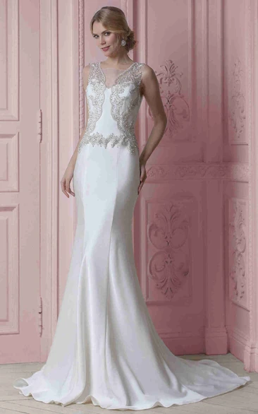 Sheath Beaded Floor-Length V-Neck Sleeveless Stretched Satin Wedding Dress
