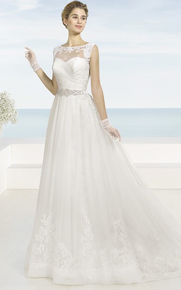 A-Line Bateau Sleeveless Floor-Length Appliqued Tulle Wedding Dress With Criss Cross And Waist Jewellery