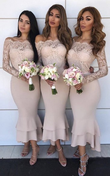Trumpet Illusion Long Sleeve Satin Lace Casual Bridesmaid Dress with Tiers