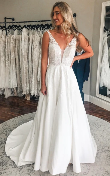 Casual Plunging Neckline A-Line Satin Wedding Dress With Low-V Back And Appliques