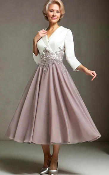 V-neck Satin Chiffon Elegant Lace Appliques Vintage Modest A-Line Reception Tea-length Long Sleeve Prom Mob Guest Evening Dress