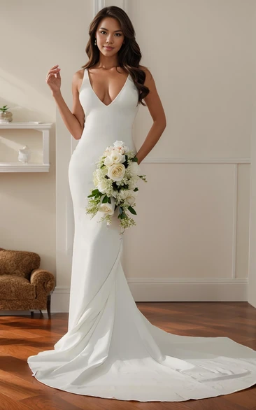 Non Traditional Sexy Beach Mermaid Spaghetti Straps V-Neck Wedding Dress Modern Elegant Low Back Pearl Bridal Gown