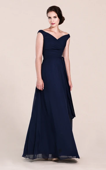 V-neck Off-shoulder A-line Chiffon Bridesmaid Dress With Ruchings