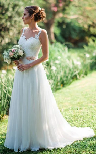Unique Floral Lace Chiffon Wedding Gown Flowy Beach Wedding Dress AWD1873