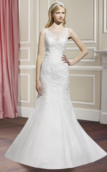 Mermaid Bateau Sleeveless Floor-Length Appliqued Lace&Satin Wedding Dress With Court Train And Illusion Back