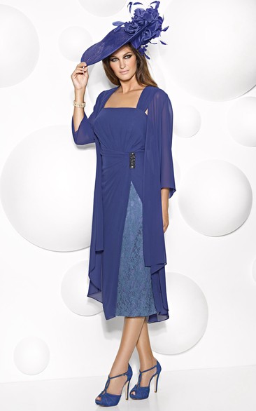 Tea-Length Lace Square Neck 3-4 Sleeve Chiffon Mother Of The Bride Dress With Cape