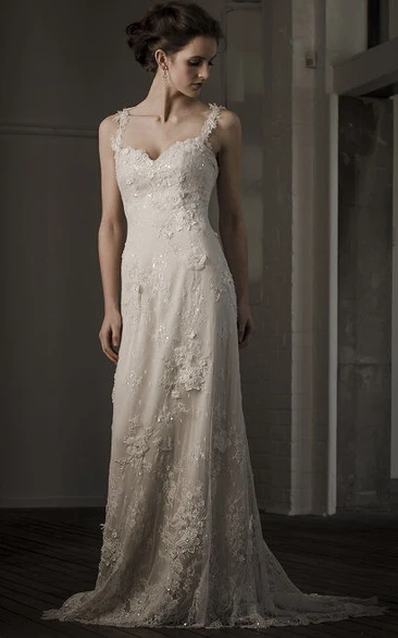 Sheath Spaghetti Floor-Length Sleeveless Appliqued Lace Wedding Dress With Deep-V Back And Flower