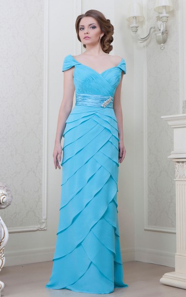 V-Neck Long Ruched Jeweled Chiffon Bridesmaid Dress With Tiers And V Back