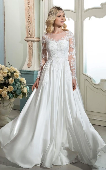 A-line Button Back Ethereal Elegant Lace Wedding Dress With Illusion Long Sleeves