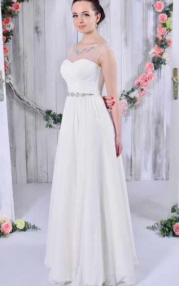 A-Line Floor-Length Criss-Cross Scoop-Neck Cap-Sleeve Chiffon Wedding Dress With Beading And Waist Jewellery