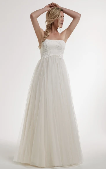 A-Line Appliqued Strapless Sleeveless Floor-Length Tulle Wedding Dress With Backless Style