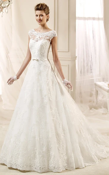 Cap sleeve A-line Lace Wedding Gown with Appliques and Jewel Neckline 