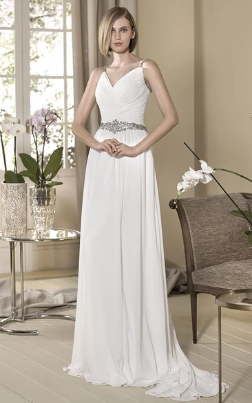 Sheath V-Neck Ruched Sleeveless Floor-Length Chiffon Wedding Dress With Waist Jewellery And Pleats