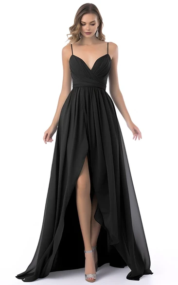 Romantic Chiffon A-Line Spaghetti Bridesmaid Dress with Front Split Elegant Wedding Dress 2023