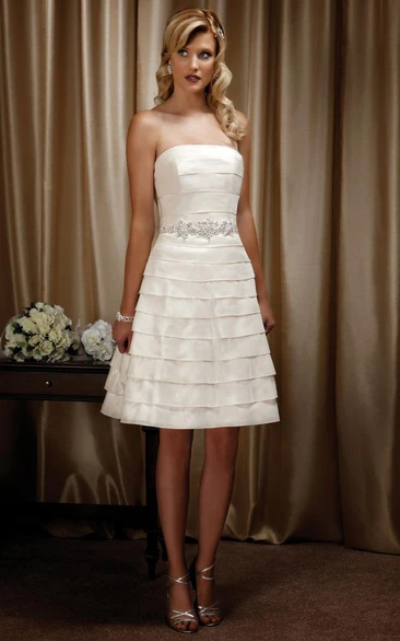 A-Line Strapless Short Jeweled Satin Wedding Dress With Tiers