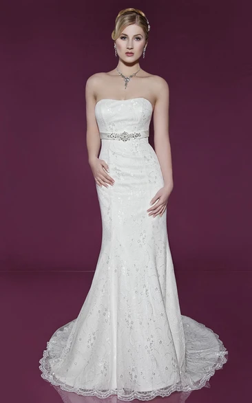 Maxi Strapless Beaded Lace Wedding Dress With Sweep Train