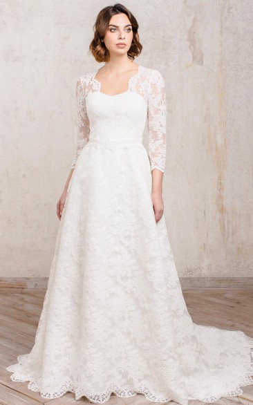 Romantic Lace A Line Floor-length 3/4 Length Sleeve Queen Anne Wedding Dress