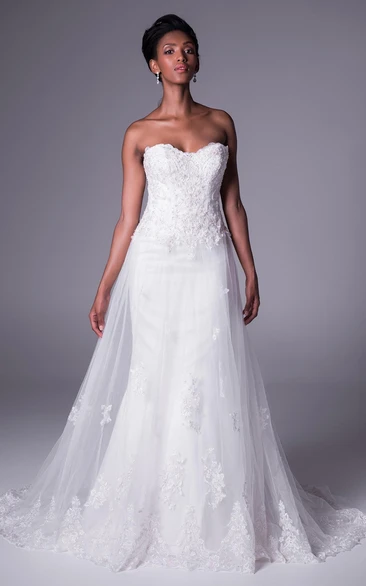 A-Line Appliqued Maxi Sweetheart Sleeveless Lace&Tulle Wedding Dress