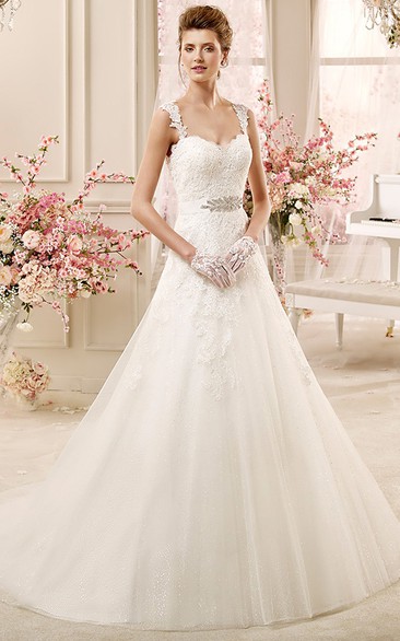 Square-neck A-line Wedding Dress with Beaded Waist and Appliques Straps
