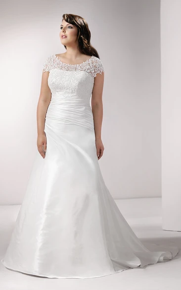 Lace Caped-Sleeve Ruched Gown With Brush Train