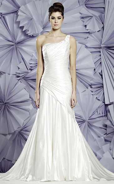 Long Beaded One-Shoulder Sleeveless Satin Wedding Dress With Side Draping