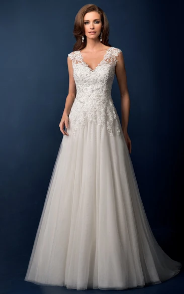 Cap-Sleeved V-Neck A-Line Wedding Dress With Beadings And Illusion Back
