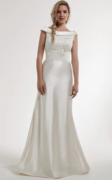 Sheath Floor-Length Appliqued Bateau Satin Wedding Dress With Low-V Back And Court Train