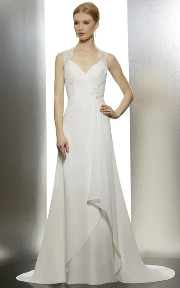 A-Line Sleeveless Lace Long Wedding Dress With Ruching And Draping