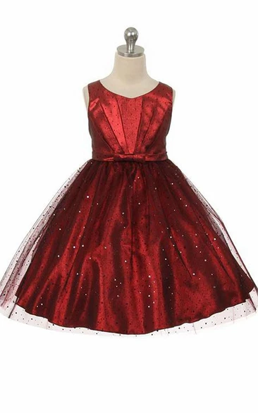 V-Neck Tea-Length Pleated Tulle&Sequins Flower Girl Dress With Tiers