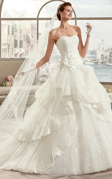 Strapless A-Line Bridal Gown With Asymmetrical Ruffles And Open Back