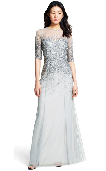 Sheath Sequined Half Sleeve Jewel Neck Tulle Bridesmaid Dress