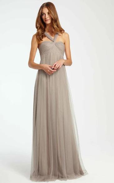 Sleeveless Strapped Ruched Tulle Bridesmaid Dress