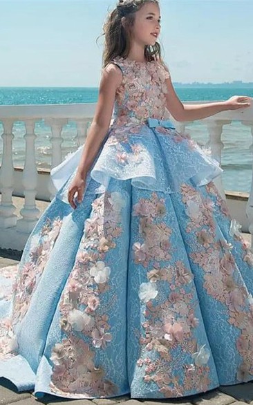 Luxury Floral Sleeveless Ruched Ball Gown Flower Girl Dress