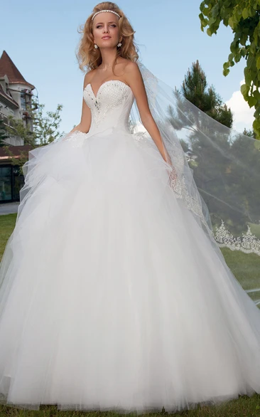 Long Sweetheart Beaded Ruffled Tulle Wedding Dress With Court Train And Corset Back
