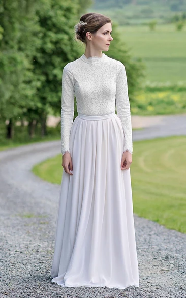 Modest Lace and Chiffon Jewel-Neck Long-Sleeve Floor Length Bridal Gown
