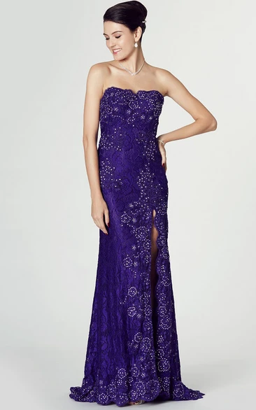 Beaded Strapless Lace Prom Dress With Appliques And Split Front