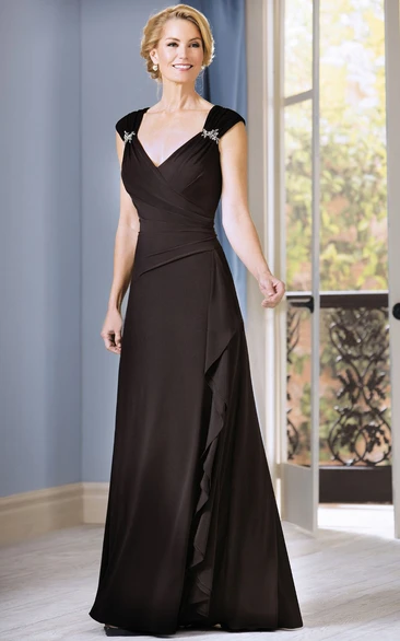 Cap-Sleeved V-Neck Long Mother Of The Bride Dress With Ruffles And Beadings
