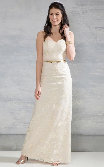 Sheath Sweetheart Floor-Length Lace Wedding Dress With Appliques And Zipper