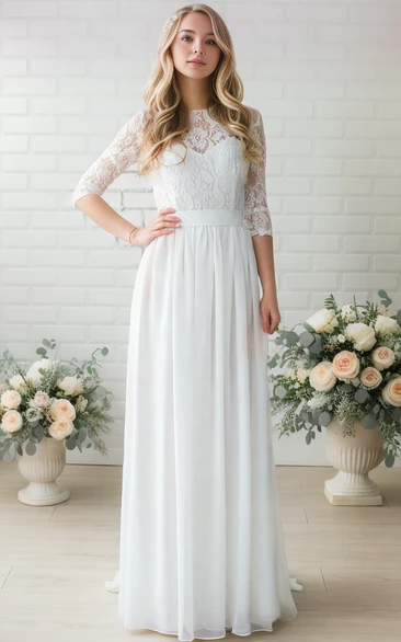 Vintage Country Boho Maxi Sheath Lace Wedding Dress Rustic Casual 3/4 Sleeves Boat Neckline Floor Length Closed Back Bridal Gown with Sash