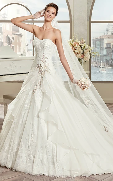 Strapless A-Line Bridal Gown With Floral Decorations And Ruffles
