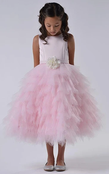 Floral Tiered Tulle&Satin Flower Girl Dress With Ruffles
