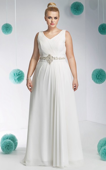 Sleeveless Ruched V-Neck Floor-Length Chiffon Plus Size Wedding Dress With Waist Jewellery
