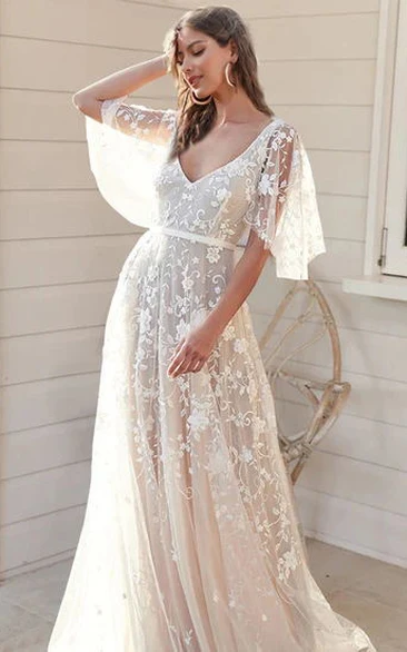 Boho Elegant A-Line Tulle Wedding Dress 2023 Country Garden