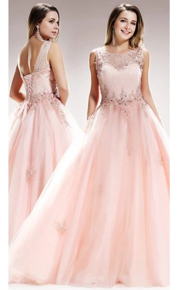 A-Line Long Scoop-Neck Sleeveless Tulle Lace-Up Dress With Appliques And Beading