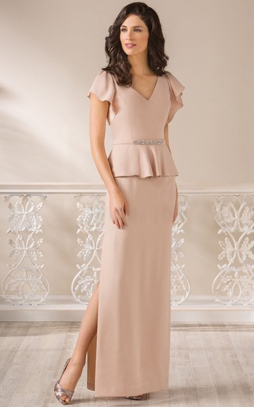 Cap-Sleeved V-Neck Long Side Silted Mother Of The Bride Dress With Ruffles