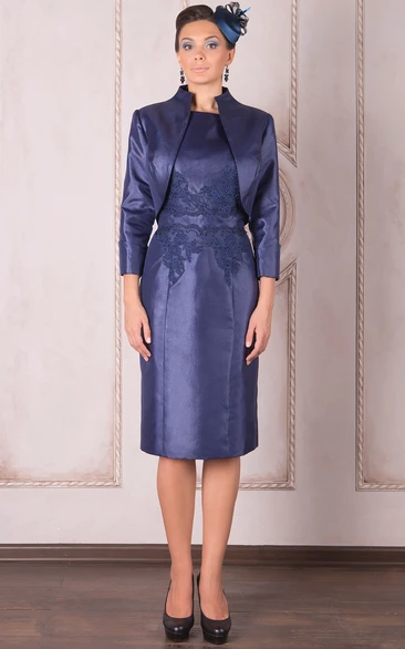 Knee-Length Pencil Appliqued High Neck Long Sleeve Satin Mother Of The Bride Dress