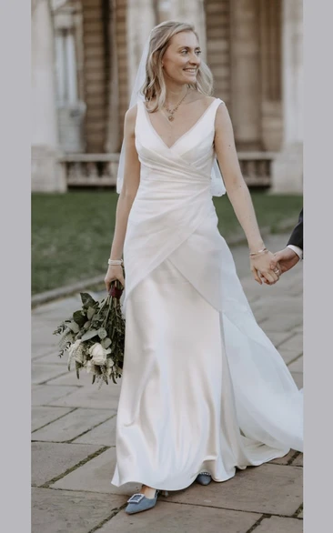 Simple Ruching Chiffon Straps Bridal Gown Sleeveless Sweep Train Low-V Back